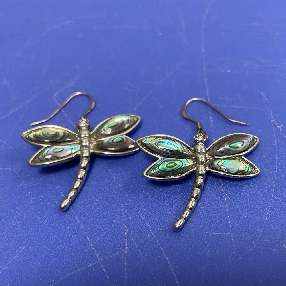 Vintage Sterling Silver Abalone Dragonfly Drop Earrings